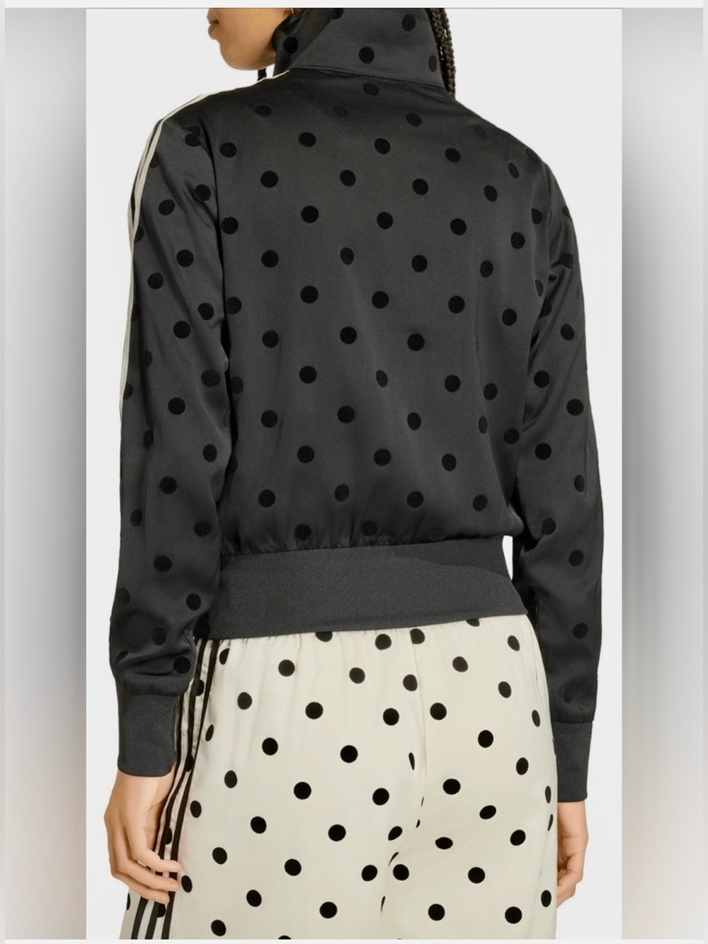 Adidas NWT Black Satin Polka Dot Track Jacket with Signature White Stripes, Med. - Picture 3 of 5